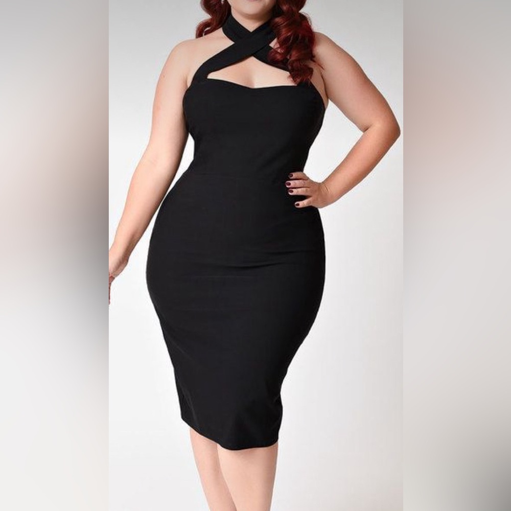 Unique Vintage plus size 1960s black criss cross halter Penelope wiggle dress